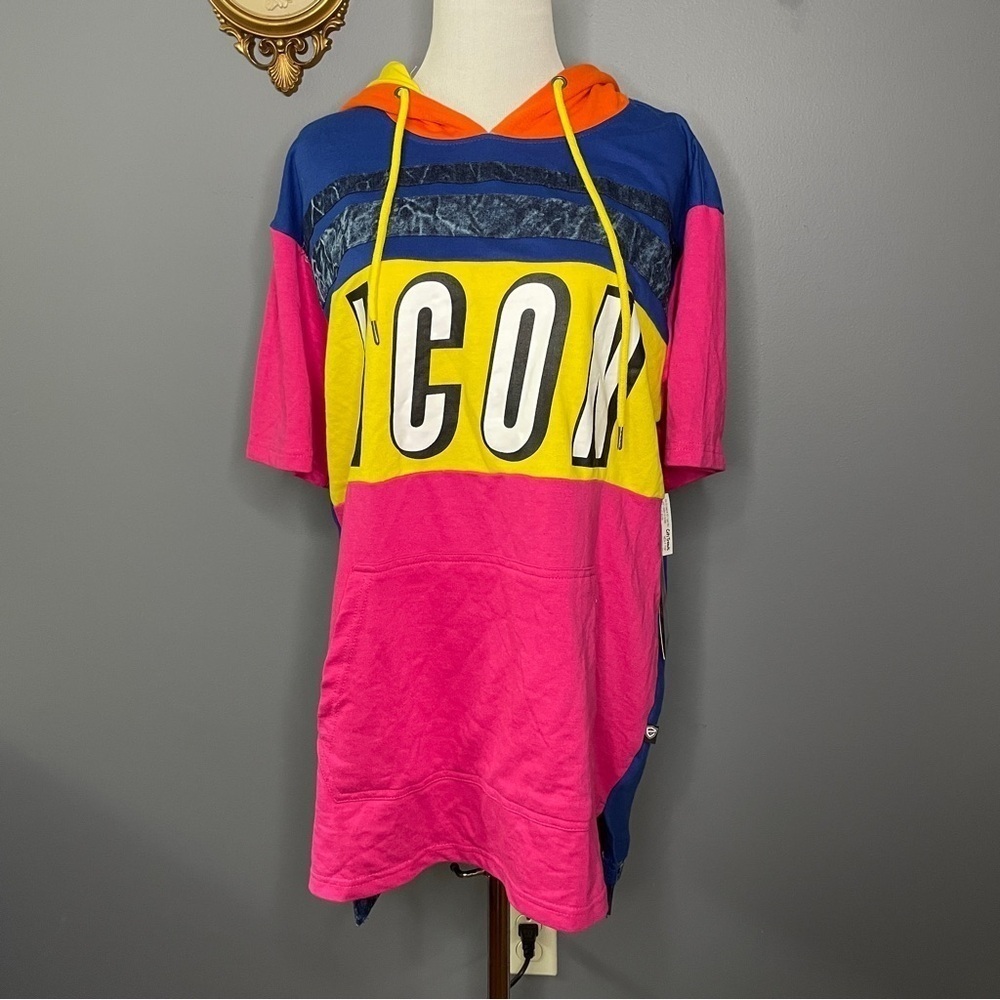 Encrypted “ICON” color block short sleeve hoodie front pocket shirt size XL - Picture 1 of 6